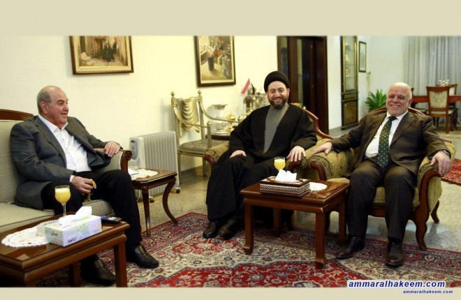 السيد عمار الحكيم يدعو خلال لقائه العبادي وعلاوي جميع الكتل لانهاء حالة الانسداد السياسي 